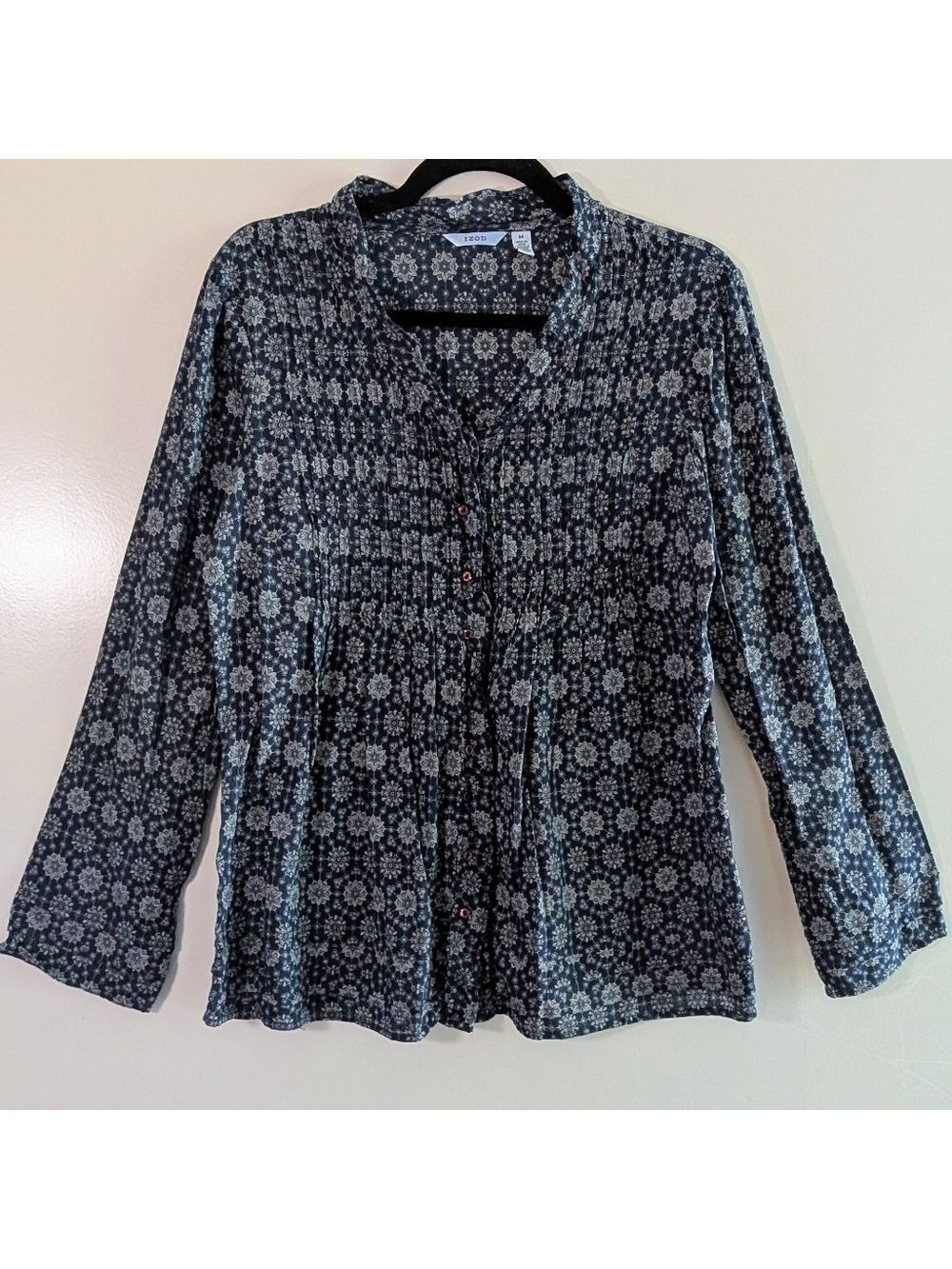 IZOD Boho Hippie Floral Print Cotton Blouse (Size M) Minimalist Top Navy Blue